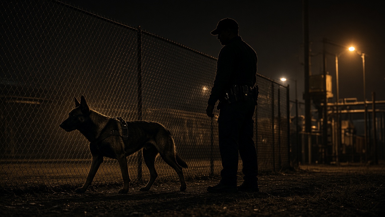 Binôme agent et chien de sécurité de nuit